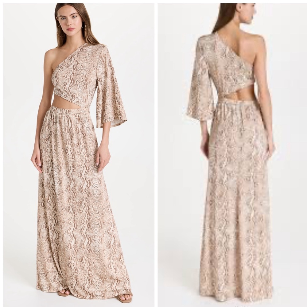 L'AGENCE One-Shoulder Snake-Print Maxi Dress in Beige